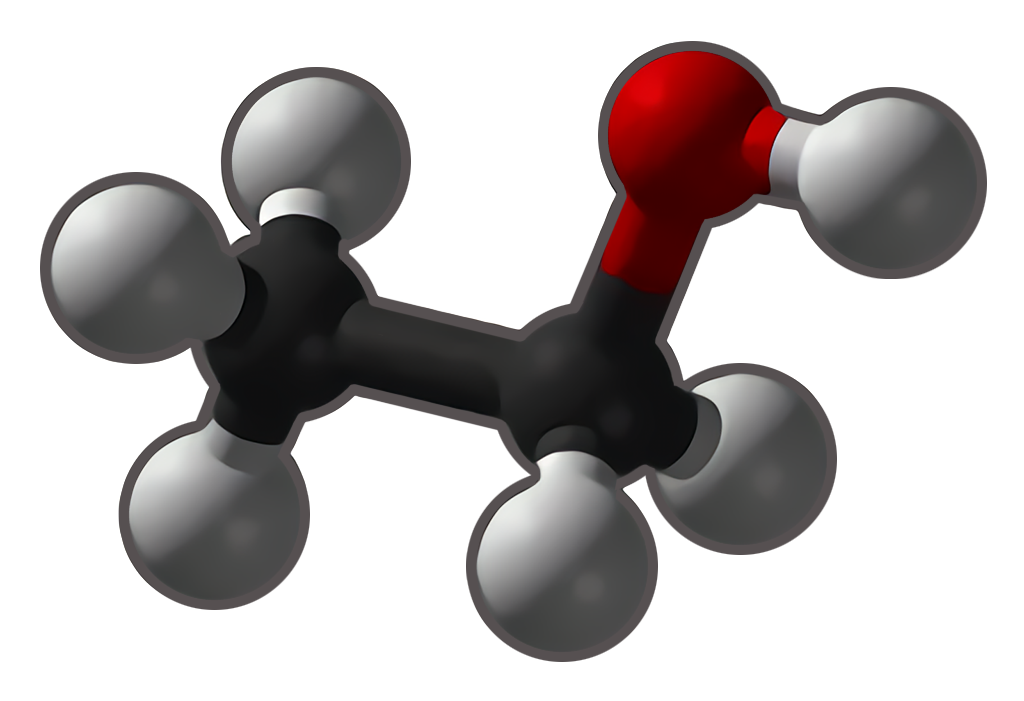 En la estructura química del etanol, los átomos de hidrógeno están en gris, los átomos de carbono, en negro, y los átomos de oxígeno, en rojo. Si se observa la estructura desde la izquierda, vemos tres átomos de hidrógeno grises que están conectados a un átomo de carbono negro, que a su vez está conectado a otro átomo de carbono que está unido a dos átomos de hidrógeno. Este segundo átomo de carbono también está unido a un átomo de oxígeno, que está conectado a otro átomo de hidrógeno.