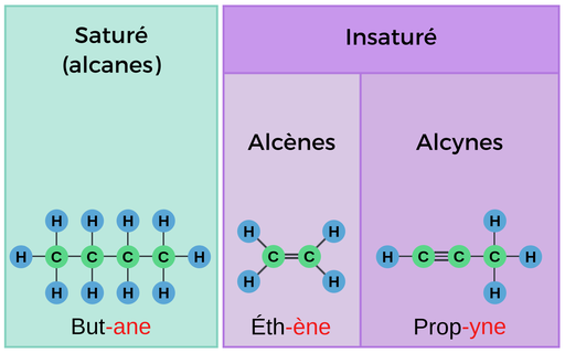 丁烷，C H 3, C H 2, C H 2, C H 3，是一种烷烃，它是，A, N, E，它表示molécule是一种烷烃。L'éthylène, C H 2, C H 2，是一个alcène，子后缀是E, N, E, et表示molécule是一个alcène。丙炔，C H, C, C H 3，是一个丙炔，它的后缀是Y N E，它表示molécule是一个丙炔。