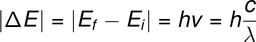 能量变化的绝对值等于E下标f的绝对值减去E下标i，这等于h乘以v等于h乘以c除以。