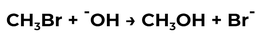 Methyl bromide and a hydroxyl anion react together to form methanol and a bromide ion. In this substitution reaction the bromine in the reactant has been replaced by a hydroxyl group.