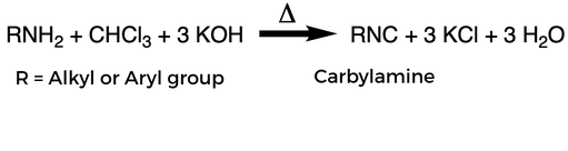 An alkyl or aryl amine reacts with chloroform and 3 potassium hydroxide salts in the presence of heat. A carbylamine, R C N, 3 potassium chloride salts, and 3 water molecules form.