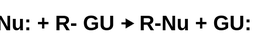 Un nucleofilo ha una coppia solitaria di elettroni. Un reagente è composto da R, che è un gruppo qualsiasi, e da un gruppo uscente. Il nucleofilo e la molecola reagiscono per formare due prodotti. Il prodotto uno è costituito da R legato al nucleofilo. Il prodotto due è il gruppo uscente con una coppia solitaria di elettroni.