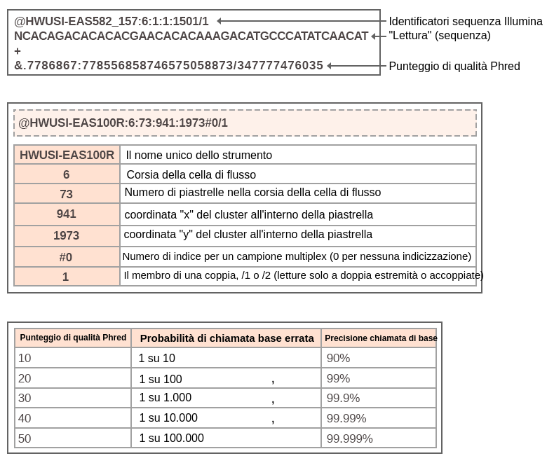L'analisi primaria dei dati ha 3 parti. La parte 1 mostra gli identificatori di sequenza Illumina, la sequenza di lettura e il punteggio di qualità phred. La parte 2 è una tabella che spiega il significato di ogni parte dell'identificatore di sequenza Illumina per l'identificatore chiamato H W U S I E A S 100 R, 6, 73, 941, 1973, hashtag 0, 1. Il nome unico dello strumento è indicato all'inizio. Poi 6 è la corsia della cella di flusso. 73 è il numero della piastrella all'interno del nome della cella di flusso. 941 è la coordinata x del cluster all'interno della piastrella. 1973 è la coordinata y del cluster all'interno della piastrella. Hashtag 0 è il numero di indice per un campione multiplexed e 0 significa nessuna indicizzazione. 1 è il membro di una coppia solo per le letture di fine coppia o di coppia mate. La parte 3 è una tabella con colonne per il punteggio di qualità phred, la probabilità di un'assegnazione della base errata e l'accuratezza dell'assegnazione. Un punteggio di qualità phred di 10 rappresenta la probabilità di un'assegnazione della base errata pari a 1 su 10, e una precisione di assegnazione del 90%. Man mano che il punteggio di qualità pred aumenta, la probabilità di un'assegnazione errata diminuisce e la precisione dell'assegnazione base aumenta. Con un punteggio di qualità phred di 50, la probabilità di un'assegnazione errata della base è 1 su centomila, e l'accuratezza dell'assegnazione è del 99,9%.