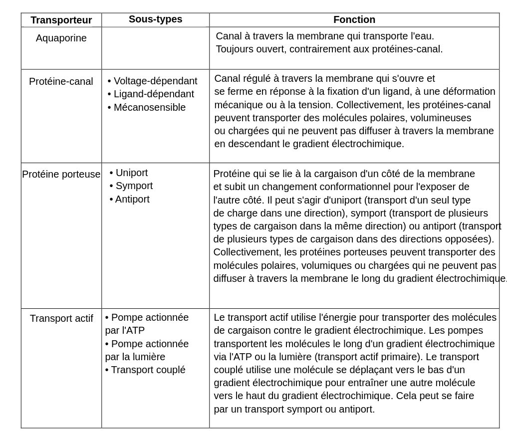 Une table contenant les protéines de transport membranaire. Le tableau contient des colonnes pour le type de transporteur, les sous-types de transporteur et les fonctions. Premier transporteur : aquaporine. Pas de sous-types. Fonction : Canal à travers la membrane qui transporte de l'eau, et qui reste toujours ouvert, contrairement aux protéines-canal. Type de transporteur suivant : protéine-canal. Sous-types : voltage gated, ligand gated, et mechanically gated. Fonction : Canaux à déclenchement qui s'ouvrent et se ferment en réponse à la liaison d'un ligand, à une déformation mécanique ou à une tension. Ils peuvent transporter des molécules polaires, volumineuses ou chargées qui ne peuvent pas se diffuser à travers la membrane en descendant le gradient électrochimique. Type de transporteur suivant : protéine transporteuse. Sous-types : uniport, symport, antiport. Fonction : Protéine qui lie la cargaison d'un côté de la membrane et subit un changement de conformation pour déplacer la cargaison de l'autre côté de la membrane. Peut transporter un type de cargaison dans une direction, plusieurs types de cargaison simultanément dans la même direction, ou plusieurs types de cargaison dans des directions opposées. Peut transporter des molécules polaires, volumineuses ou chargées qui ne peuvent pas se diffuser à travers la membrane en descendant le gradient électrochimique. Type de transporteur suivant : transport actif. Sous-types : Pompe entraînée par l'ATP, pompe entraînée par la lumière et transport couplé. Fonction : Utilise l'énergie pour transporter des molécules de cargaison contre le gradient électrochimique. Les pompes transportent les cargaisons vers le haut d'un gradient électrochimique en utilisant l'énergie de l'ATP ou de la lumière. Le transport couplé utilise une molécule se déplaçant vers le bas d'un gradient électrochimique pour entraîner une autre molécule vers le haut du gradient électrochimique. Cela peut se faire par le biais d'un transport antiport ou symport.