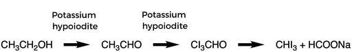 Ethanol reacts with potassium hypoiodite to make ethanal or acetaldehyde. This then reacts with potassium hypoiodite to make C I 3 C H O. This reacts with sodium hydroxide to make iodoform, C H I 3, and sodium formate, H C O O N a.