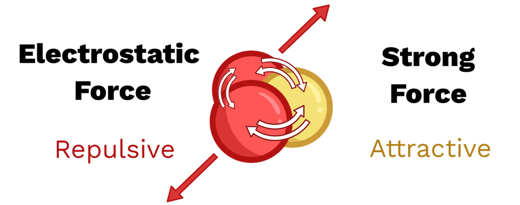 Image showing a nucleus with arrows indicating the strong nuclear attraction (blue) and electrostatic repulsion (red)