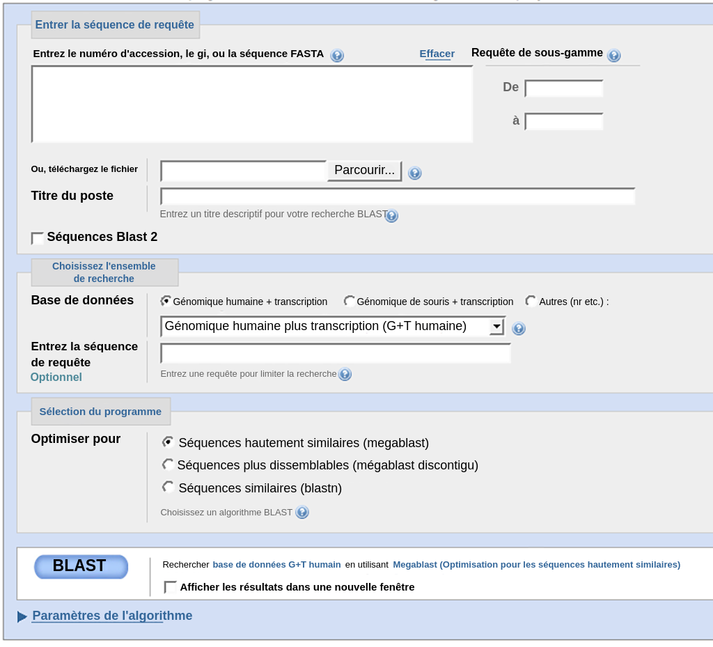 Fenêtred'nertéedesséquences爆炸。Accédezàblast en Allant Sur <http://blast.ncbi.nlm.nih.gov/blast.cgi>