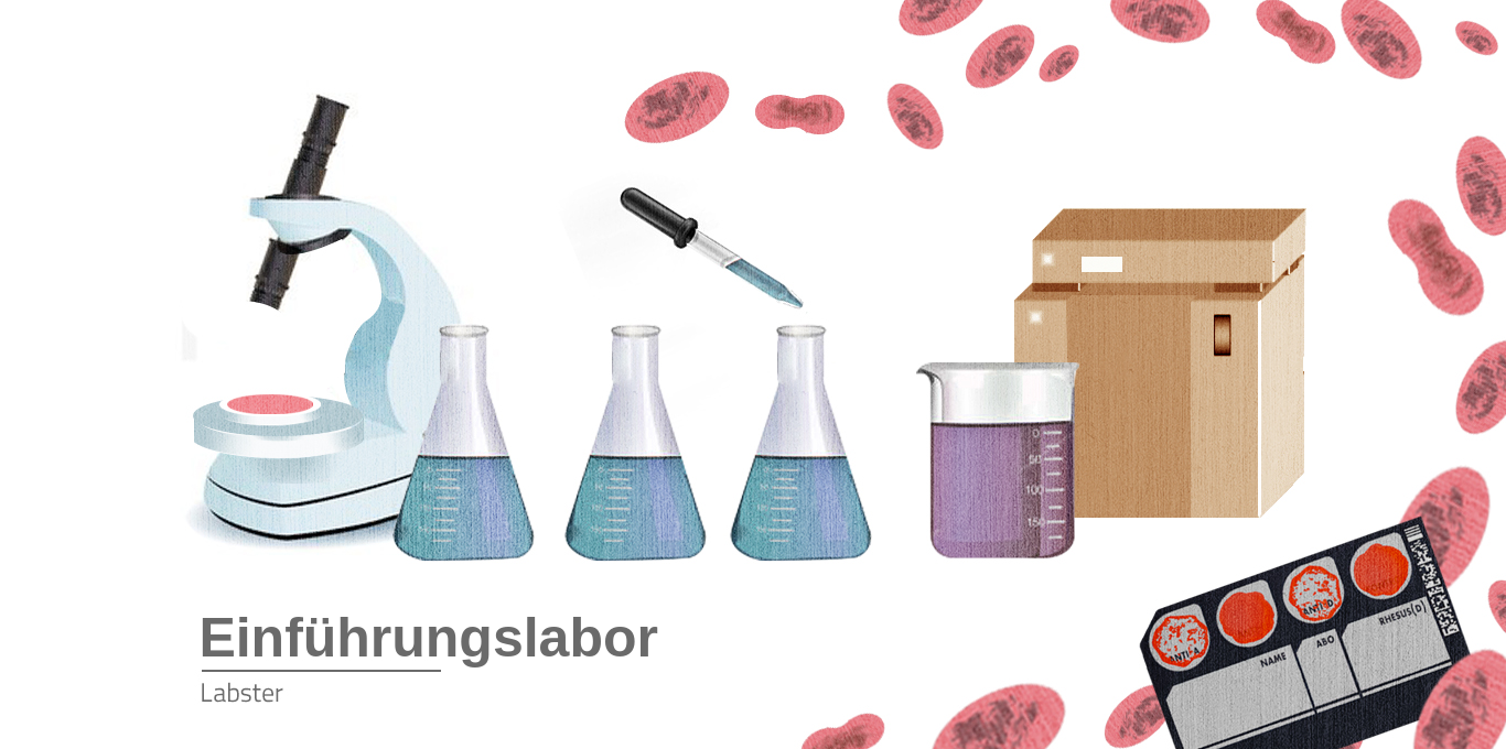 Ein Mikroskop Neben Drei Erlenmeyerkolben和Einem becherglas MitUnbekanntententerflüssigkeiten。eine blutgruppentestkarte ist von rotenblutkörperchenumgeben。