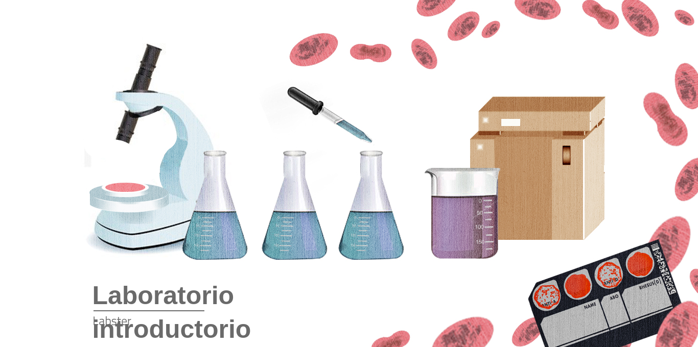 Un microscopio al lado de tres matraces y un vaso de precipitados que contienen líquidos desconocidos. Una tarjeta de identificación de grupos sanguíneos rodeada de glóbulos rojos.