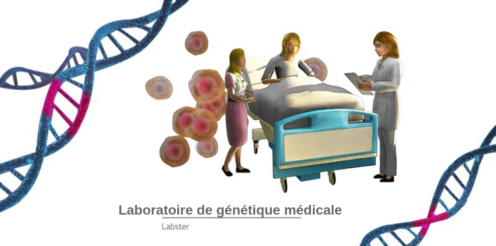 一个没有点燃的女人'hôpital。一个年轻的女人à一个gauche和一个médecin muni d'un -bloc一个à一个droite。它的双重性hélices d'ADN encadrent l'image。