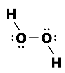 Lewis structure of the peroxide molecule. A horizontal line bonds two oxygen atoms together. Each oxygen atom is also bonded to hydrogen at a 270-degree angle so the structure looks like deck chairs. The central oxygen atoms also have two lone pairs of electrons on them.