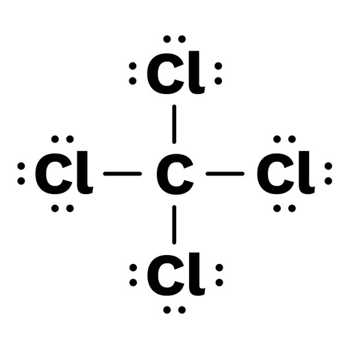 Estructura de Lewis del tetracloruro de carbono. La estructura de Lewis muestra que el carbono central forma enlaces simples con cuatro átomos de cloro, de tal manera que cada uno está a 90 grados de los vecinos. Además del enlace simple con el carbono central, se aprecia que cada cloro tiene también tres pares de electrones que no forman enlaces.