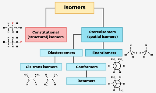 A tree diagram demonstrating the different forms of isomers. At the top of the tree is a box labeled isomers, this is connected to a box titled constitutional structural isomers and another titled stereoisomers spatial isomers. The stereoisomers have two sub-categories: diastereomers and enantiomers. Diastereomers are split into cis-trans isomers and conformers. Finally, under conformers is a box labeled rotamers.