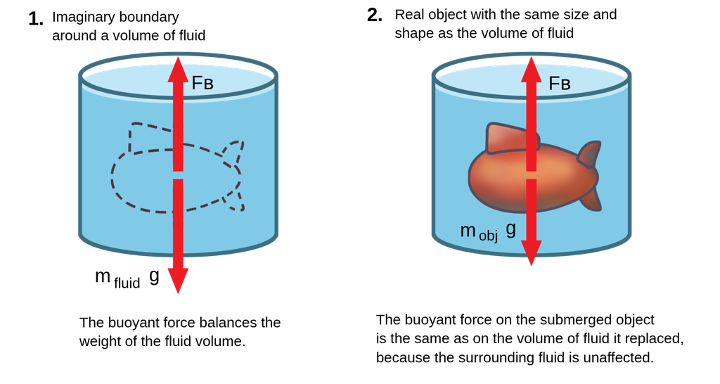 This image shows on the left a tank filled up with water with an imaginary boundary around a volume of fluid. In this case, the buoyant force balances the weight of the fluid volume. On the right, there is the same tank where, this time, a real object with the same size and shape of the fluid volume represented on the left, is immersed. The buoyant force on the submerged object stays the same because the surrounding fluid is unaffected.