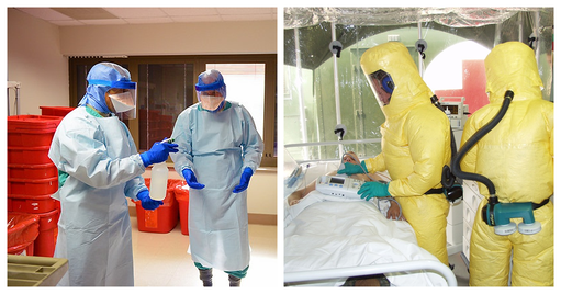 Two images of men wearing personal protective equipment. In the first image, two men are wearing protective hoods, gowns, gloves, masks and eye shields, and they spray their hands with disinfection solution. In the second image Two men are inside the lab, wearing yellow overall suits with attached oxygen tanks and protective gloves.