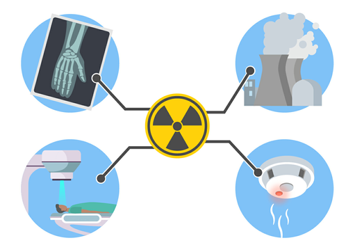 This is an image depicting applications of radiation in the real world. In the top left is an image of a medical X-ray of a human hand. In the top right there is a picture of a nuclear power plant; steam rising from tall smokestacks. The bottom right has an image of a regular household smoke detector. The bottom left has an image of a medical CT scanner.